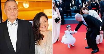 83歲劉詩昆一家三口合體，妻子穿運動鞋配禮服，1歲女兒太漂亮